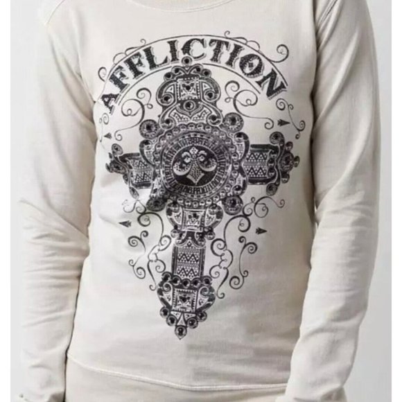 Y2k S/M Sinful Affliction Thin Sweatshirt Shirt Cream‎ Large Cross Embellished - Picture 1 of 10
